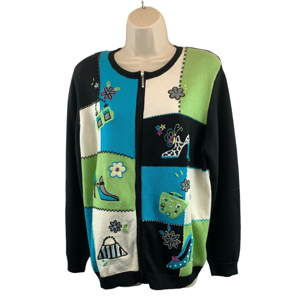 VTG Alfred Dunner Womens Colorful Full Zip Cardigan Sweater Size Small Padded